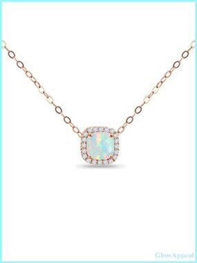 Cushion Cut White Opal Pendant Necklace Rose Gold Flashed Sterling Silver 15